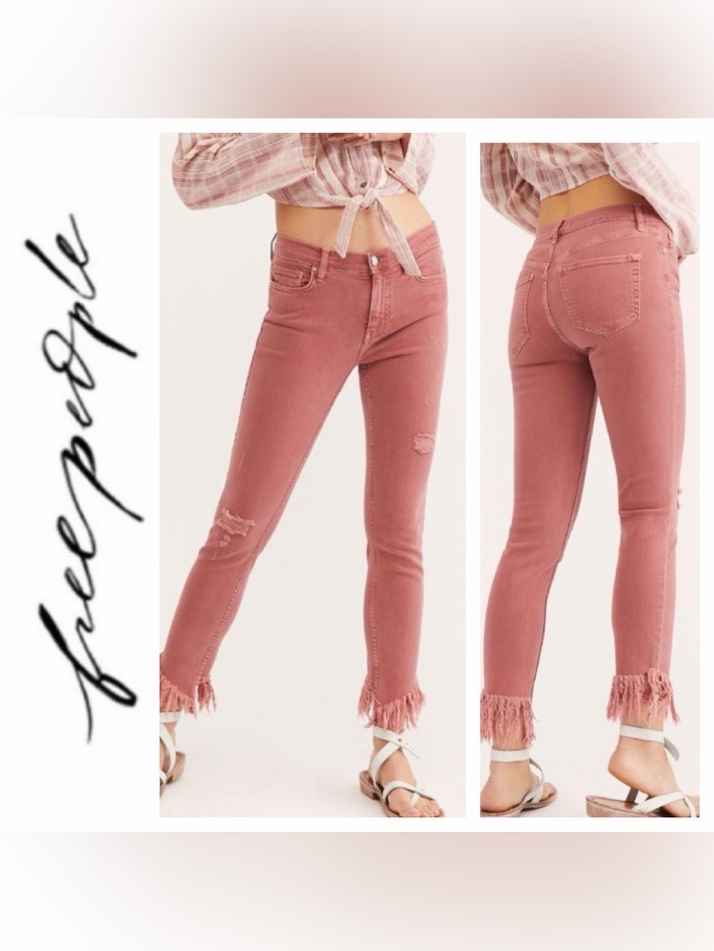 Free People We The Free Dusty Rose Skinny Jeans with Frayed Hem 25